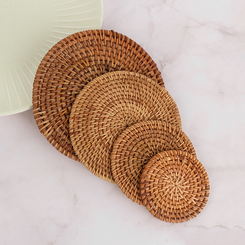 1PC Natural Rattan Coasters Placemats Bowl Pad Kitchen Table Mats Round Insulation Table Padding Cup Mat Handmade Rattan Coaster ► Photo 1/6