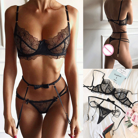 Sexy Lingerie Lace Bra G-String Garter Set Lady Thong Sexy Underwear Set Female Fashion Top Erotic Lingerie ► Photo 1/6