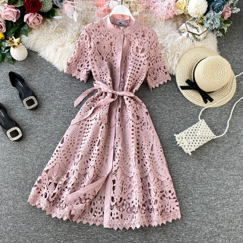 Women Elegant Hollow Out Lace Dress Office Lady Summer Solid O-Neck Button up Sashes Midi Dress Female Chic Short Sleeve Dress ► Photo 1/6