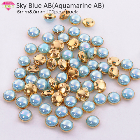 RESEN Top Grade Gold Sewing Pearl Bead  Sky Blue AB 6mm 8mm Mix Color Claw Rhinestones Sew On Pearls Button For Fabric Clothes ► Photo 1/6