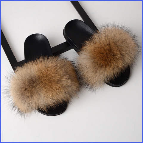 SARSALLYA Fur Slippers Women Real Fox Fur Slides Home Furry Flat Sandals Female Cute Fluffy House Shoes Woman Brand Luxury 2022 ► Photo 1/6