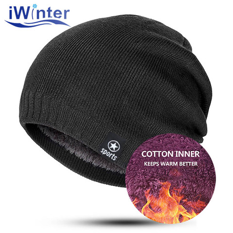 IWINTER Hot Sale Winter Beanies Hat For Men Fashion Women Knitted Plus Velvet Hat 4 Colors Warm Skullies Beanies Boys Caps gorro ► Photo 1/6
