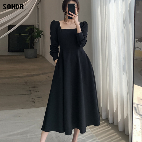 Price History Review On One Piece Korean Dresses Autumn New Long Sleeved French Vintage Hepburn Style Square Neck Black Dress Women S Long Dresses Aliexpress Seller Zlz Pai Store Alitools Io