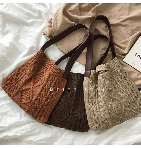 Female Woolen Knitted Braid Criss Cross Handbag Teenager Crochet Winter Korean Fashion Retro Chic Big Capacity Over Shoulder Bag ► Photo 1/6