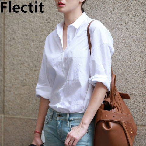 Flectit Casual Chic Women White Shirt Basic Collar Button Down Long Sleeve Boyfriend Blouse Spring Summer Tops Outfit * ► Photo 1/6