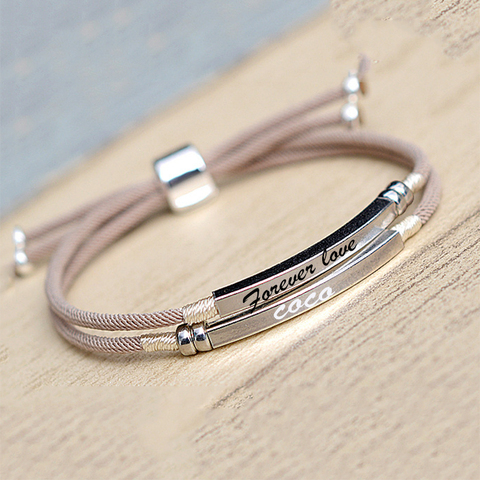 925 Sterling Silver Custom Bar Bracelet Engraved Name Date Letter Two Layers Handmade Pink Rope Personalized Woman Jewelry ► Photo 1/6