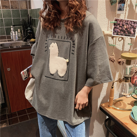 Cartoon Alpaca Animal Printed Casual Loose Oversize Korean Style 2022 Summer Short Sleeve Women Top Female T-shirts ► Photo 1/4