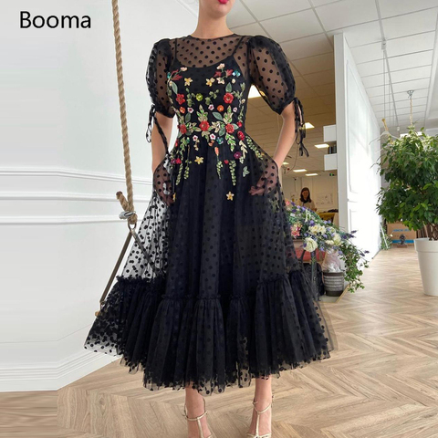 Black Polka Dotted Tulle Evening Dresses Short Sleeves Appliques Flowers A-Line Prom Dresses Tea-Length Wedding Party Dresses ► Photo 1/4