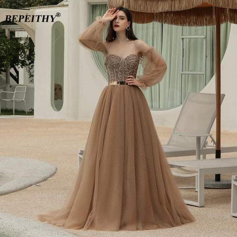 BEPEITHY Sweetheart Long Evening Dress Detachable Train 2022 For Women A-Line Dots Tulle Vintage Formal Gown With Sash Prom ► Photo 1/6