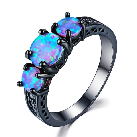 Fashion Female Round Blue Imitation Fire Opal Black Rings For Women Accessories High Quality Vintage Jewelry Gift ► Photo 1/6