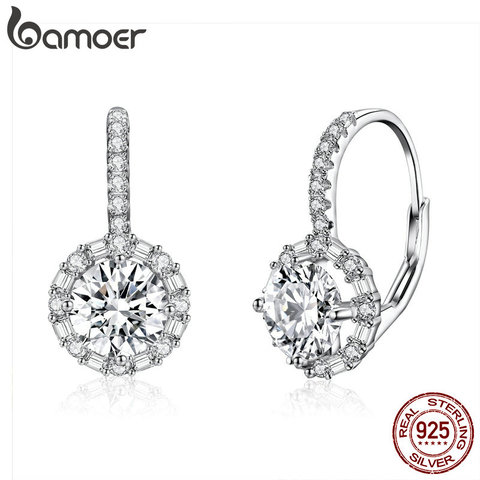 BAMOER Authentic 925 Sterling Silver Dazzling Cubic Zircon Round Zircon Drop Earrings for Women Wedding Silver Jewelry SCE508 ► Photo 1/6