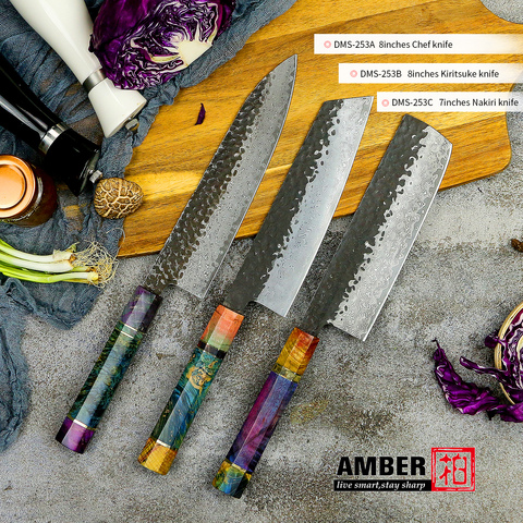 AMBER Forged Knife Set Chef Kiritsuke Nakiri Cleaver Kitchen Tools With Resin Handle Multi-purpose Japanness Damascus Steel ► Photo 1/6