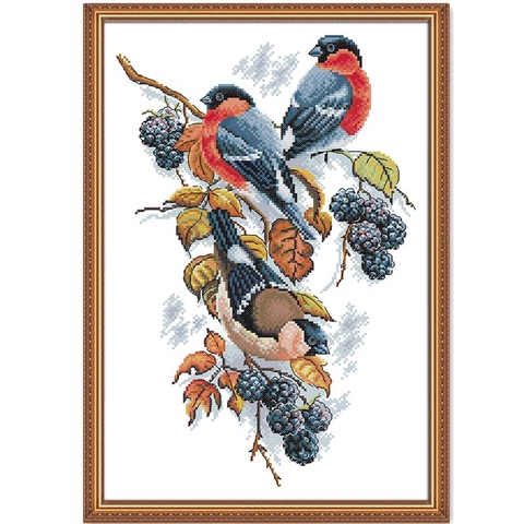 Red bellies Magpies and blackberries cross stitch kit aida 14ct 11ct count print canvas stitches embroidery handmade needlework ► Photo 1/3