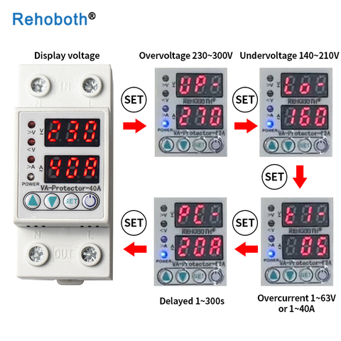 230V Adjustable Dual LED Display Under Over Voltage Protector Relay 40A 63A Din Rail Protect Device with Limit Current ► Photo 1/6