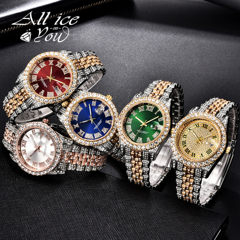 ALLICEONYOU New Gold Silver Color Cubic Zirconia Watches Hip Hop Fashion High Quality Diamond Bracelet Stainless Steel  For Gift ► Photo 1/6