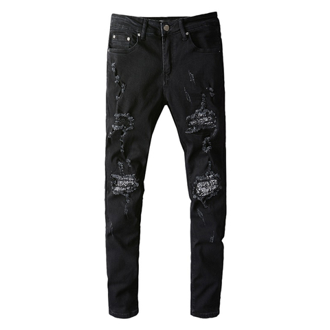 Men's Bandana Paisley Patchwork Ripped Jeans Streetwear Slim Skinny Stretch Denim Pants High Quality ► Photo 1/5