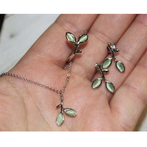 Boho Forest Tree Leaves Green Jewelry Set Chic Jewelry Chain Necklace Leaf Branch Stud Earring Open Ring for Party ► Photo 1/6