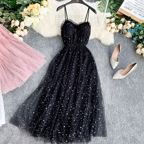 Summer Bling Stars Sequin Dress Women Vintage V Neck Sexy Mesh Dresses Vestidos Mujer Ladies Spaghetti Strap Party Tulle Dress ► Photo 1/5