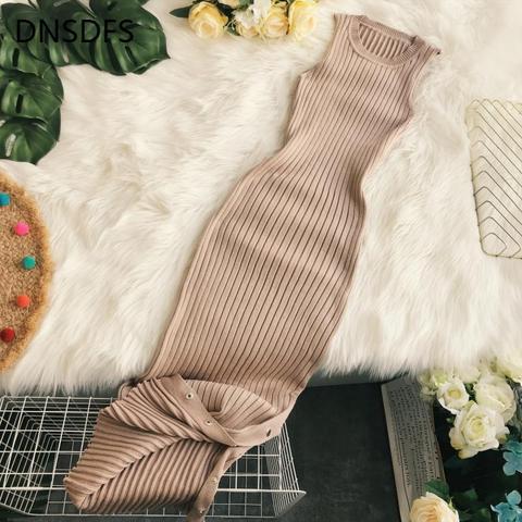 Autumn Summer Bottom Knitted Dress Korean Women Hip Slim Slit Midi Dress Casual Sleeveless Slim Sexy Side Button Midi Dresses ► Photo 1/6