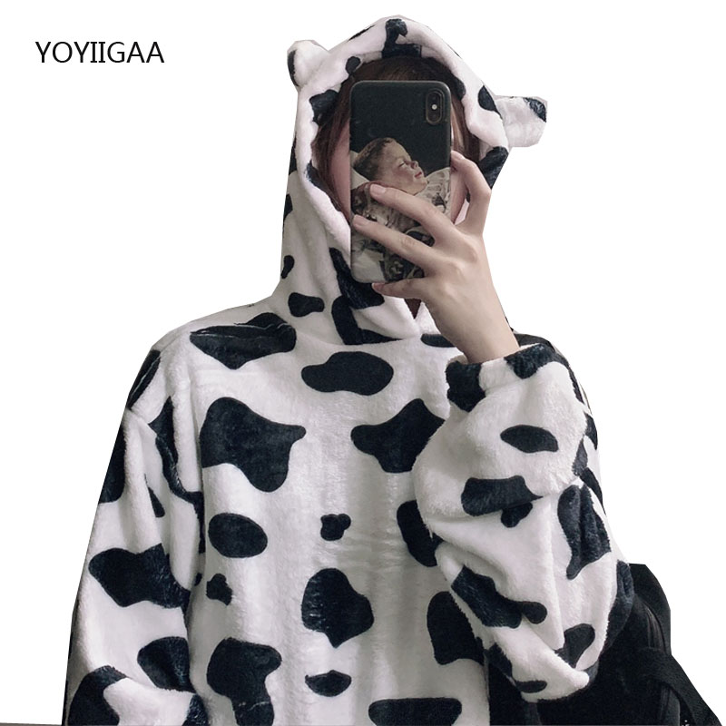 Hoodie Tops Oversized Lady Sweatshirt Cow Print Women Autumn Winter Thick  Female