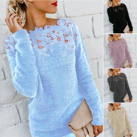 Plus size dress apparel Women Solid Color Long Sleeve O Neck Floral Lace Pullover Plus Size Sweater ► Photo 1/6