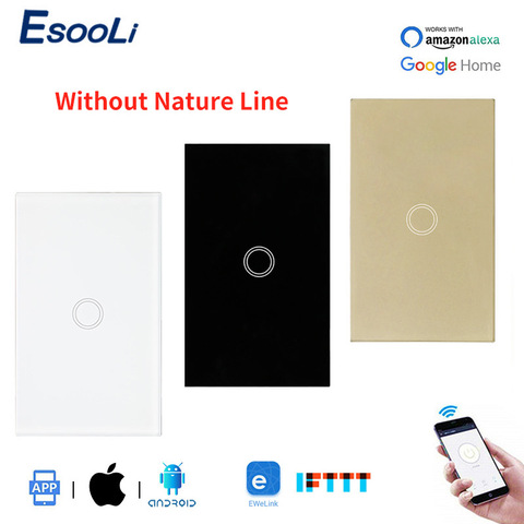 EsooLi 1 Gang 1 Way US Standard Wall Touch Switch Ewelink Control No Neutral Wire Required Smart Light Switch Single Fire Line ► Photo 1/6