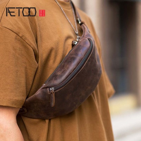 AETOO Original handmade retro first layer crazy horse cowhide zipper leather multifunctional fashion mobile phone waist bag ches ► Photo 1/6