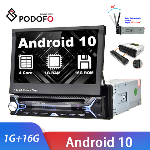 Podofo Android 10.0 automatic telescopic Car Multimedia player One Din Car Radio Universal Car DVD Player GPS Navigation FM AM ► Photo 1/6