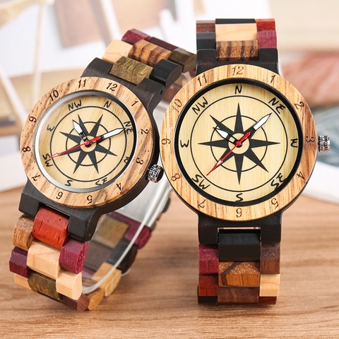 Royal Compass Dial Wood Watch for Couple Men Bamboo Watch Full Wooden Mixed Color Wrist Quartz Watch Women Luxury Souvenir Gifts ► Photo 1/6
