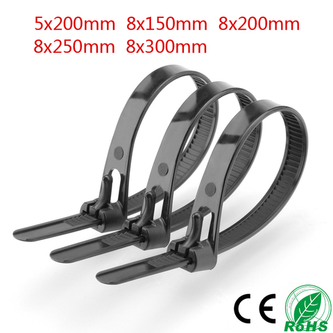 100Pcs Black Nylon Plastic Releasable Reusable Cable Tie Zip Wraps Ratchet Ties Wire 8*150mm/8*200mm/8*300mm for Binding Cable ► Photo 1/4