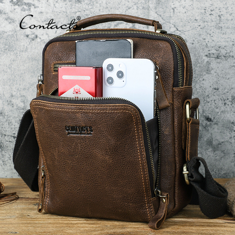 CONTACT'S Casual Men Shoulder Bag Genuine Leather Retro Messenger Bag Large Capacity Male Crossbody Bags For 7.9