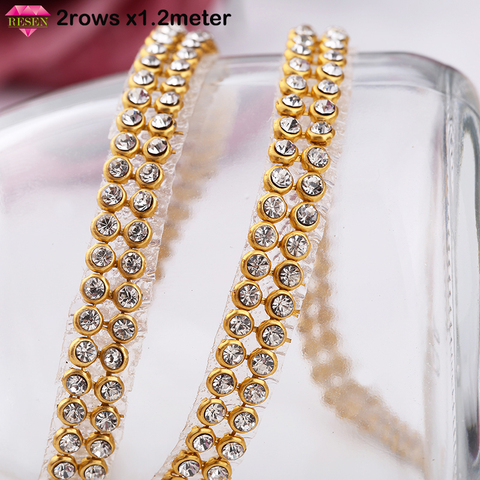 RESEN 2ROWSX1.2METER Clear Crystal Stones Gold Hot fix Rhinestone Mesh Trimming  Aluminium Base Sew-on Stone Trims ► Photo 1/6