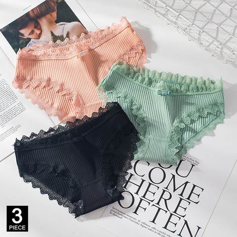 Cotton Panties Woman Sexy Lace Briefs Fashion Solid Color knickers Girls Bow Underpants Set Underwear Dropshipping 3 Pcs/lot ► Photo 1/6