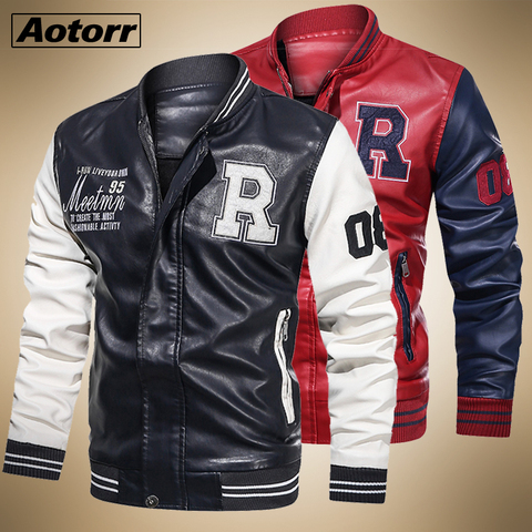 Jacket Men Embroidery Baseball Jackets Pu Leather Coats Male Slim Fit College Fleece Pilot Moto Leather Jackets Brand Clothing ► Photo 1/1