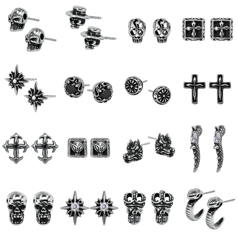 ZS 16 Styles Punk Skull Black Stud Earrings for Men Women 316L Stainless Steel Earring Boys' Hip Pop Ear Piercing Gothic Jewelry ► Photo 1/6