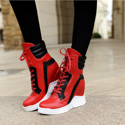 US4-11 Womens Pointed Toe Ankle Boots Match Colors Lace Up Sneakers Casual High Top Wedge Heel Shoes 3Colors Plus Size New 2022 ► Photo 1/6