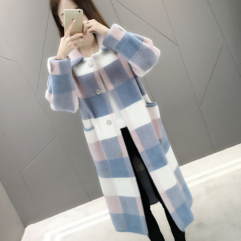 Women Long Knitted Faux Mink Fur Coat Plaid Cardigan Jacket ► Photo 1/3