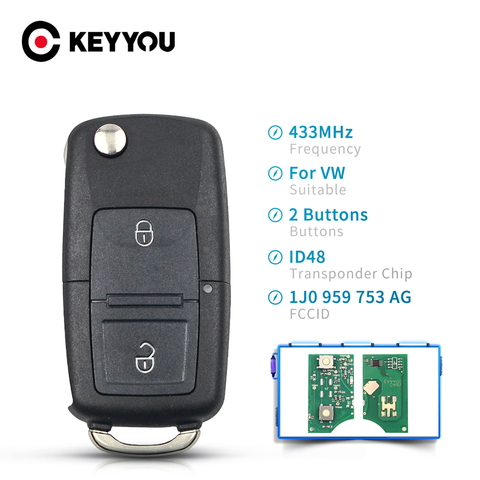 KEYYOU 2 Button Car Remote Key 434MHz 433MHz ID48 Chip For VW Beetle Bora Golf Passat Polo Transporter T5 1J0959753AG ► Photo 1/1