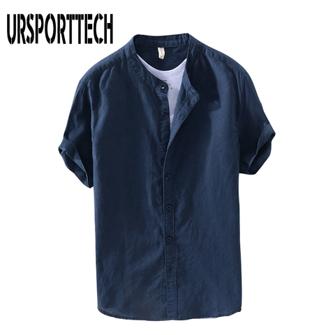 URSPORTTECH 2022 New Vintage Mens Shirt Summer Cotton Linen Loose Casual Solid Short Sleeve Button Tops Harajuku Brand Blouse ► Photo 1/6