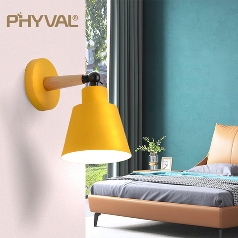 PHYVAL Wood Lamp Bedroom iron Colorful base Wall Lamps Macaron Modern Wall Sconce For Living Room Restaurant Lighting Fixtures ► Photo 1/1