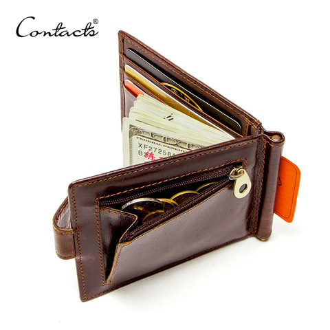 CONTACT'S cow leather money clip men card wallet thin money clamp for 10 cards male bifold credit card case with zip coin pocket ► Photo 1/6