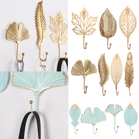 Gold/Green 1Pc Hanging Storage Rack Wrought Iron Hook Wall Hanger Creative Leaf Shape Nordic Style For Home Bathroom Decoration ► Photo 1/1