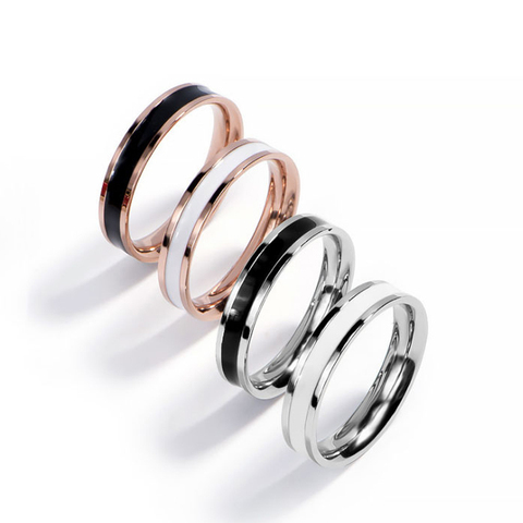 4mm Wedding Rings Stainless Steel Black White Enamel Ring Engagement Couple Jewelry Women Rose Gold Minimalist Gift Size 3 To 10 ► Photo 1/6