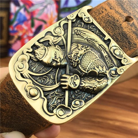 Solid Brass Monkey Belt Buckle Yellow Belt Leather Ceinture Men's Belt Cowboy Jeans Belt Male Strap Wide Belts For Men MBT0594 ► Photo 1/6