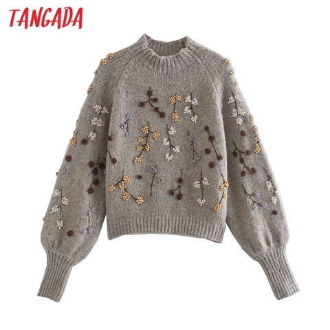 Tangada Women Beading Flowers Turtleneck Sweater Jumper Female Elegant Oversize Pullovers Chic Tops 3L68 ► Photo 1/5