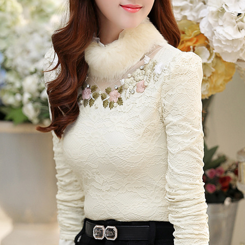 2022 Autumn Winter Women Plus Velvet Thick Bottomed Shirt Female High necked Lace Tops Long Sleeved Warm Blouses Plus Size 3XL ► Photo 1/5