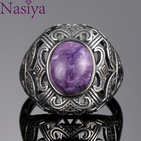 Bohemian Style 8*10mm Natural Stone Ring Charoite Silver Rings for Women Vintage Jewelry for Anniversary Wedding Bands ► Photo 1/6