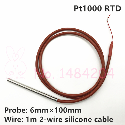 Waterproof PT1000 Temperature Sensor -40~400C Probe DIA 6mm Insert Length 100mm Heat Resistant 2 Wire 1m Silicone Wire ► Photo 1/3