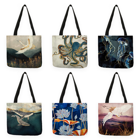 Japanese Ukiyoe Design Causal Women Handbag Crane Designer Tote Bag Eco Reusable Shoulder Shopping Bags For Groceries B13039 ► Photo 1/6