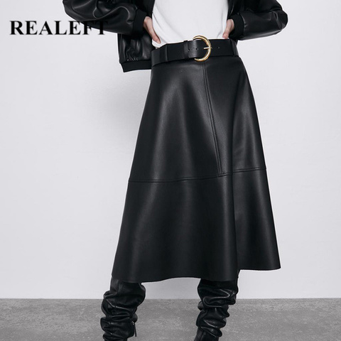 REALEFT 2022 New Autumn Winter PU Faux Leather Long Skirt with Belt High Waist Vintage A-line Skirt Chic Mid-calf Umbrella Skirt ► Photo 1/6